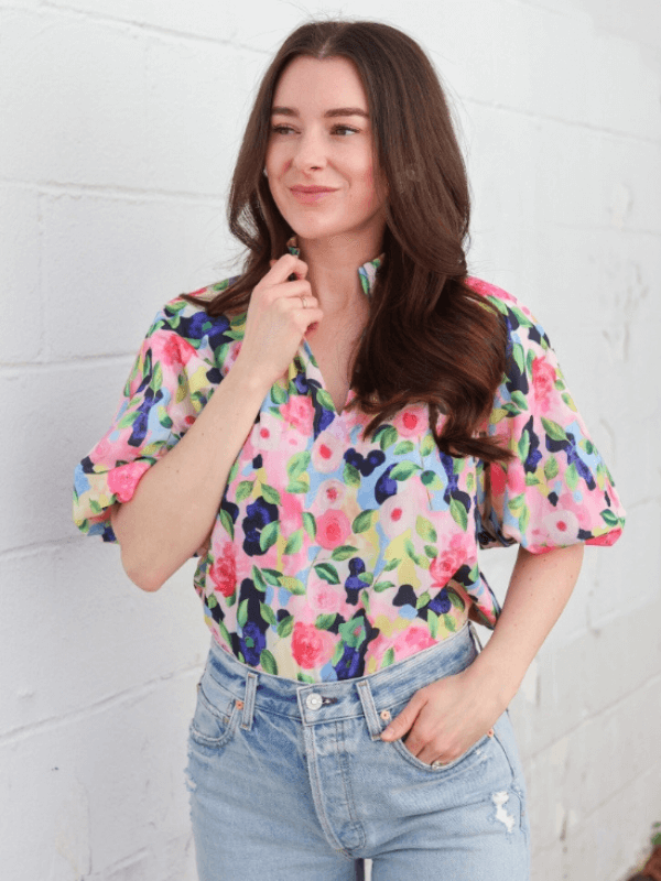 Abstract Floral Print Ruched Blouse