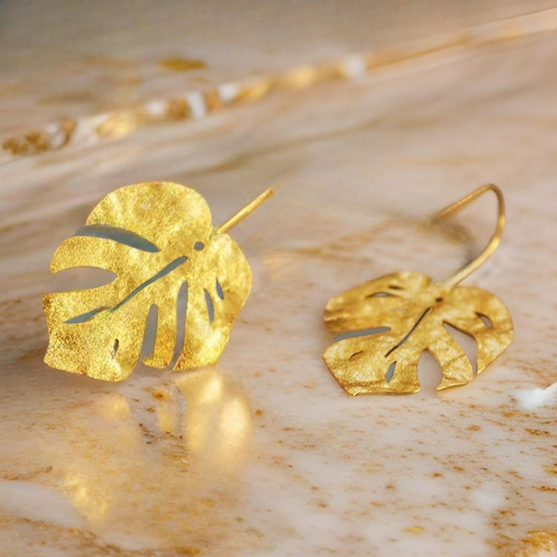 Golden Monstera Leaf Earrings