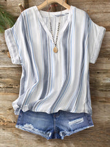 Draped Cotton And Linen Striped Blouse