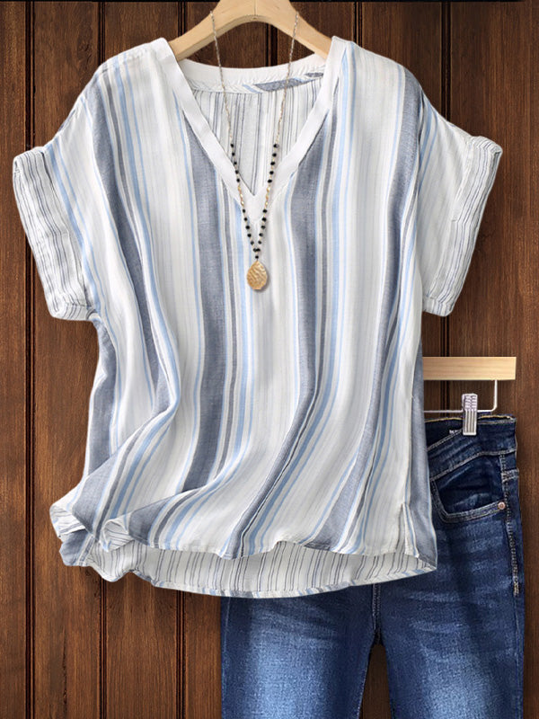 Draped Cotton And Linen Striped Blouse