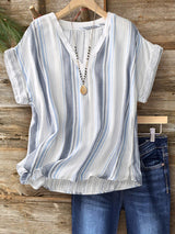 Draped Cotton And Linen Striped Blouse