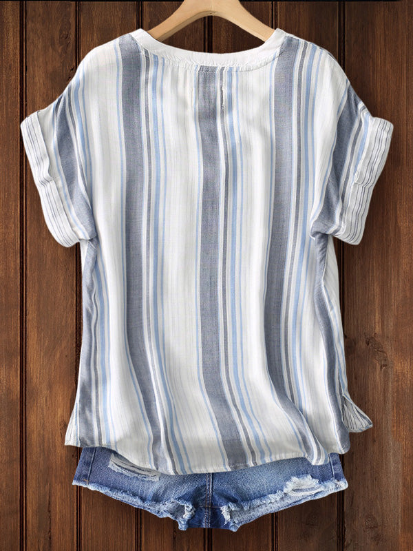 Draped Cotton And Linen Striped Blouse