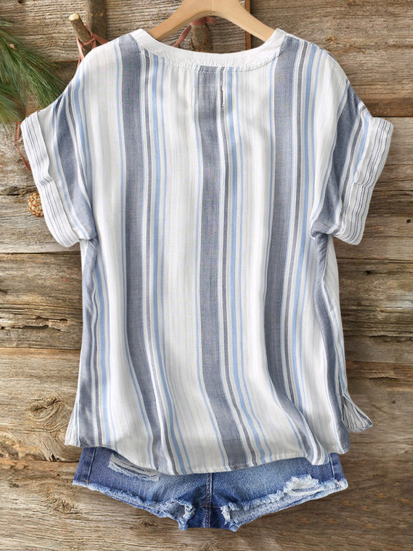 Draped Cotton And Linen Striped Blouse