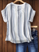 Draped Cotton And Linen Striped Blouse