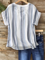 Draped Cotton And Linen Striped Blouse