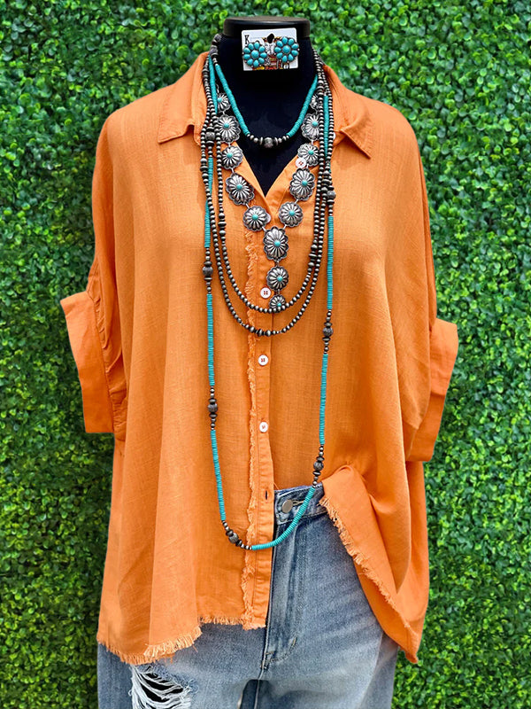 Linen Button Up Top in Orange