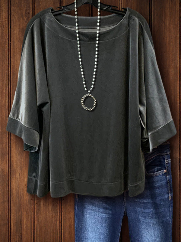 Velvet Mid Sleeve Top In Gray