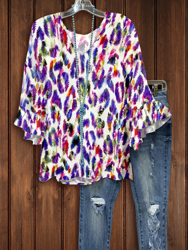 Multicolored Leopard Print Ruffle Sleeve Top