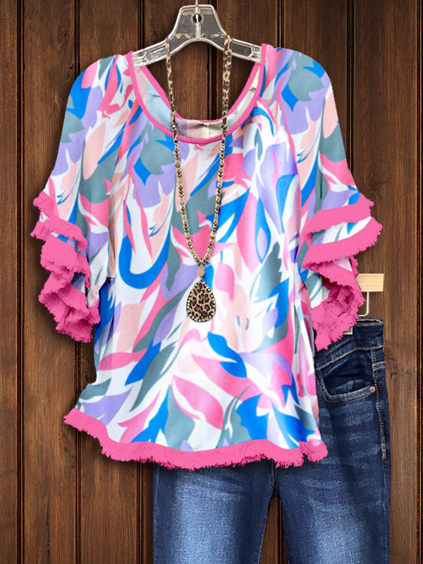 Abstract Print Double Fringed Top