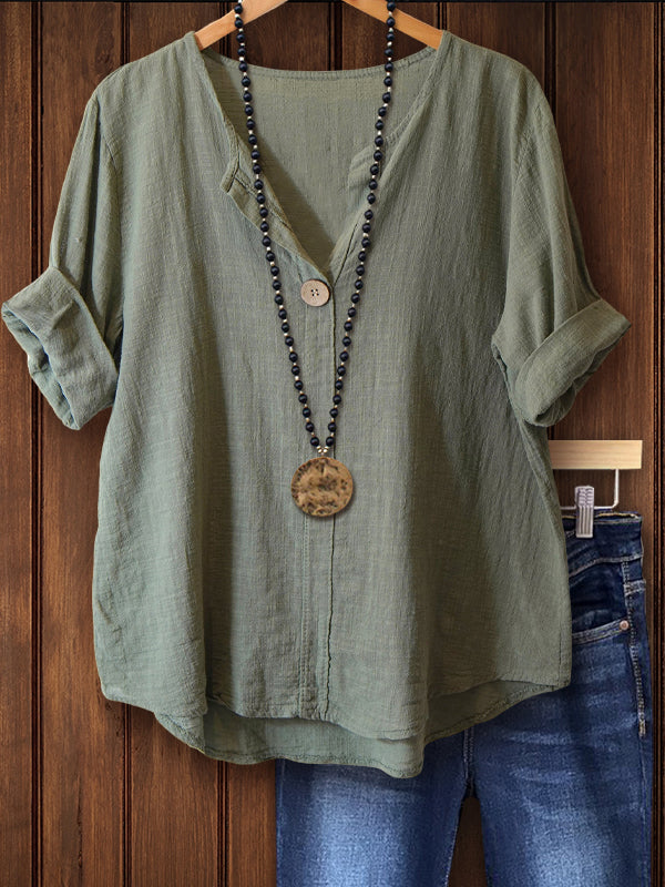 Casual V Neck Button Detail Top