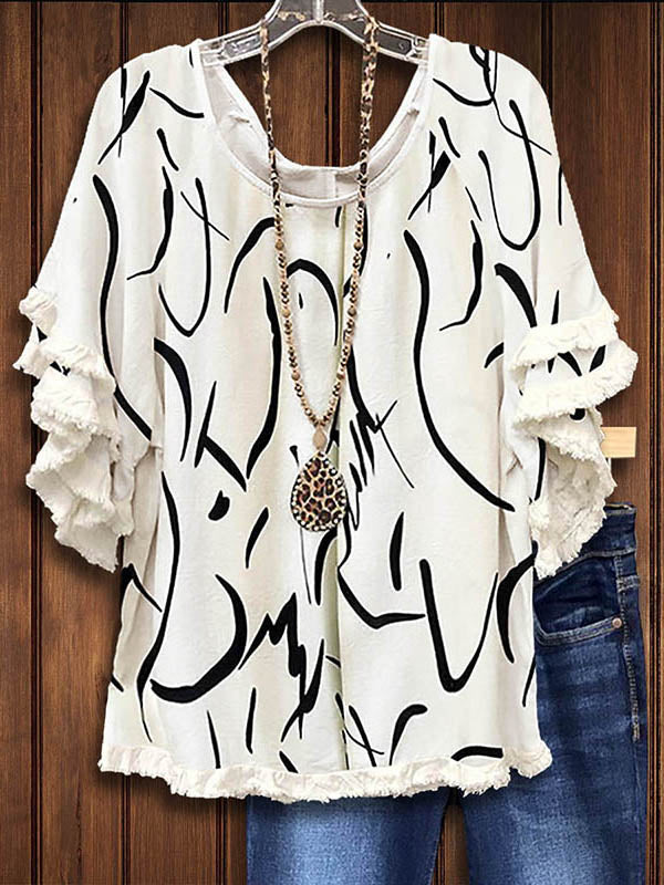 Abstract Line Print Fringed Blouse