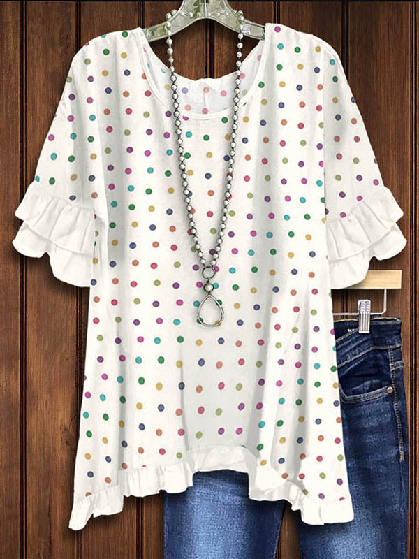 Colorful Polka Dot Layered Ruffle Sleeve Blouse