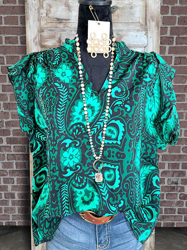 Grass Green Paisley Ruffled Blouse