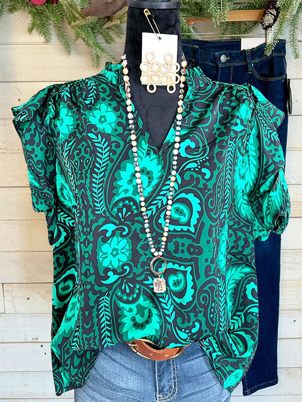 Grass Green Paisley Ruffled Blouse