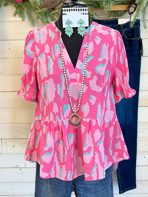 Sweet Color Block Print Gathered Blouse