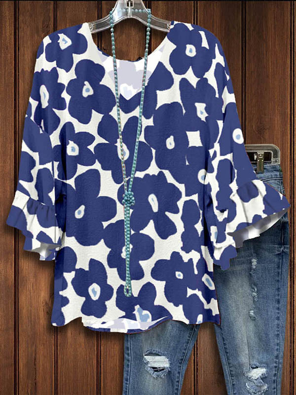 Navy Floral Print Ruffle Sleeve Blouse