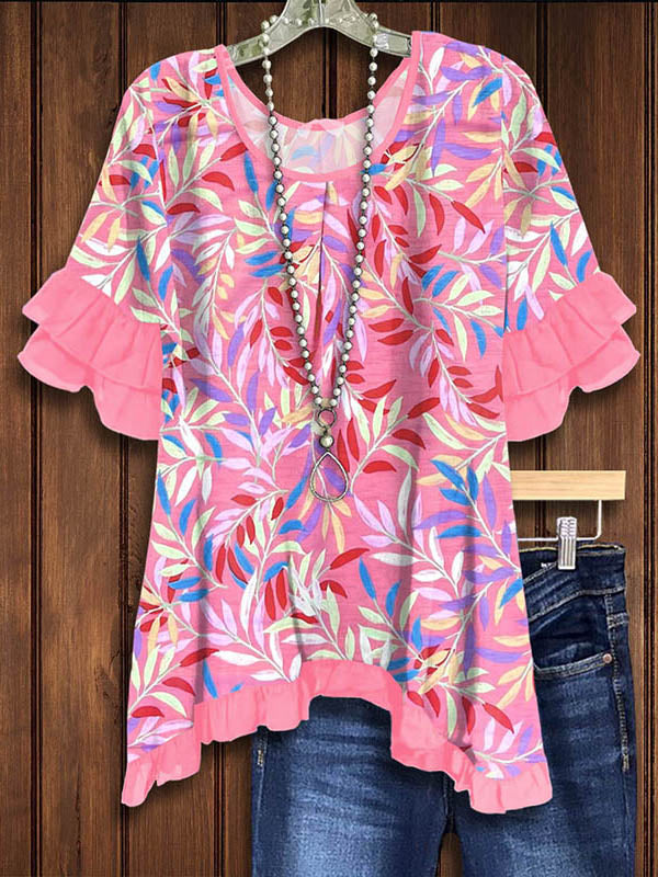 Colorful Leaves Print Ruffle Blouse