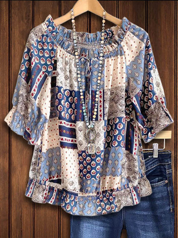 Tribal Mix Print Gathered Blouse