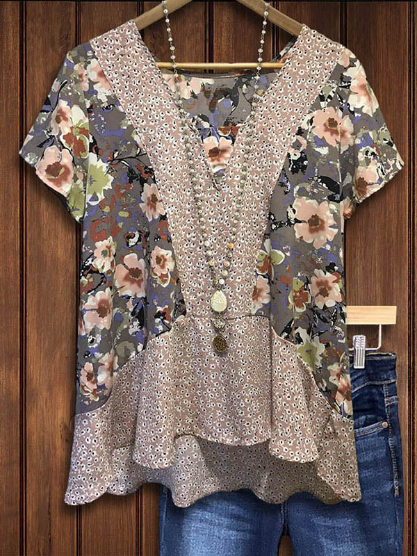 Floral Mix Printed Ruffle Hem Blouse