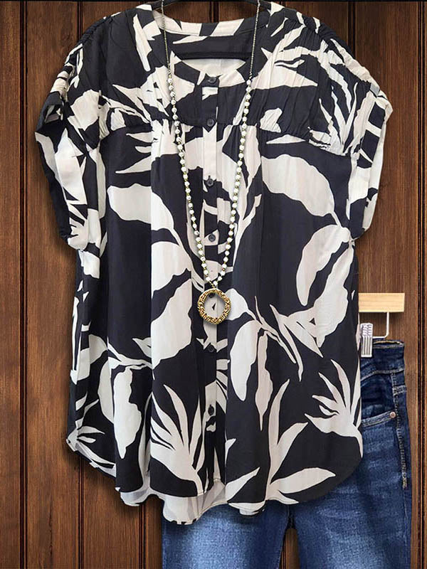 Leaf Print Pleated Loose Shirt