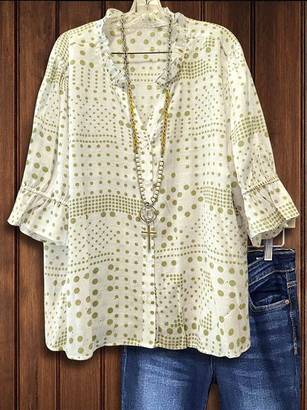 Polka Dot Print Ruffle Button-Down Shirt