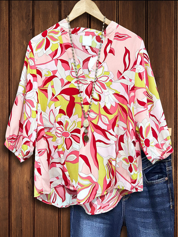 Artistic Floral Split Collar Blouse