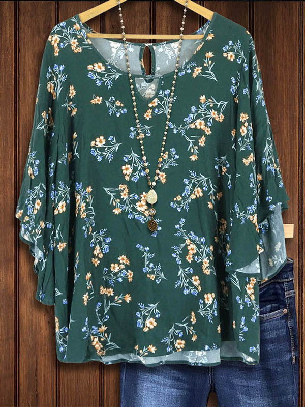 Botanical Print Ruffled Lace-Up Blouse