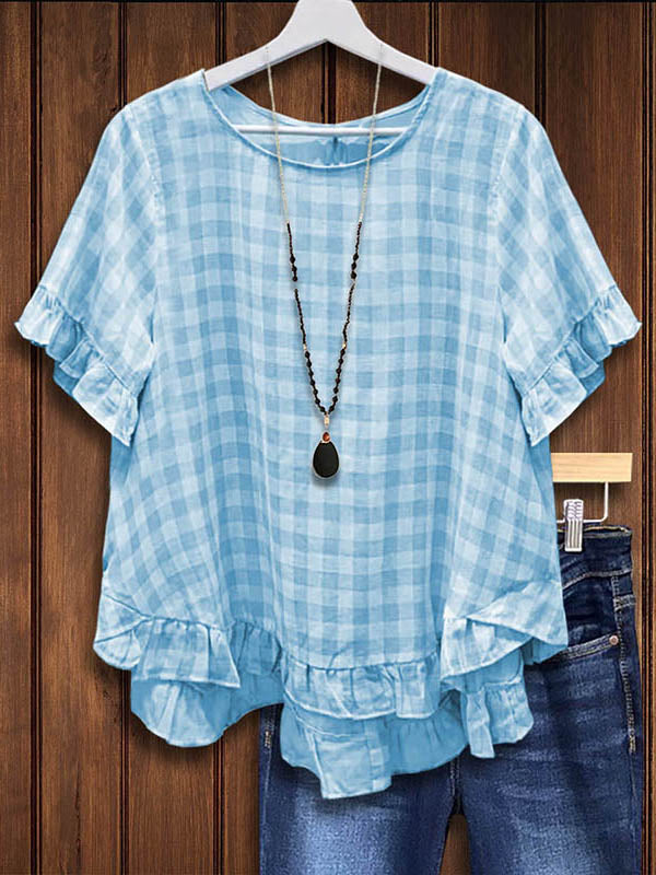 Vintage Plaid Ruffled Babydoll Blouse In Baby Blue