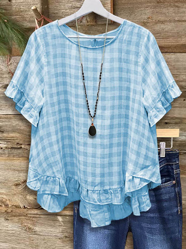 Vintage Plaid Ruffled Babydoll Blouse In Baby Blue