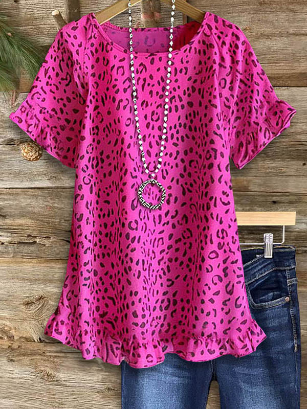 Rose Red Leopard Print Ruffle Blouse