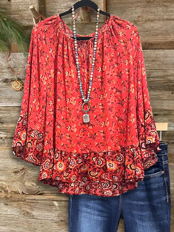 Mixed Floral Print Ruffle Blouse