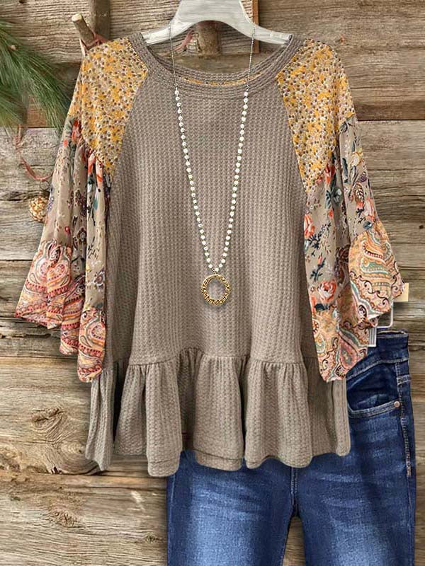 Floral Mixed Print Patchwork Waffle Blouse