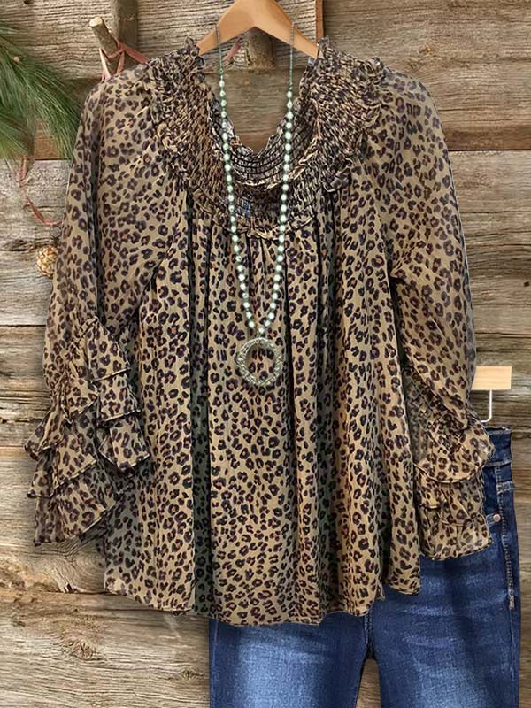 Leopard Print Gathered Tiered Ruffle Sleeve Blouse