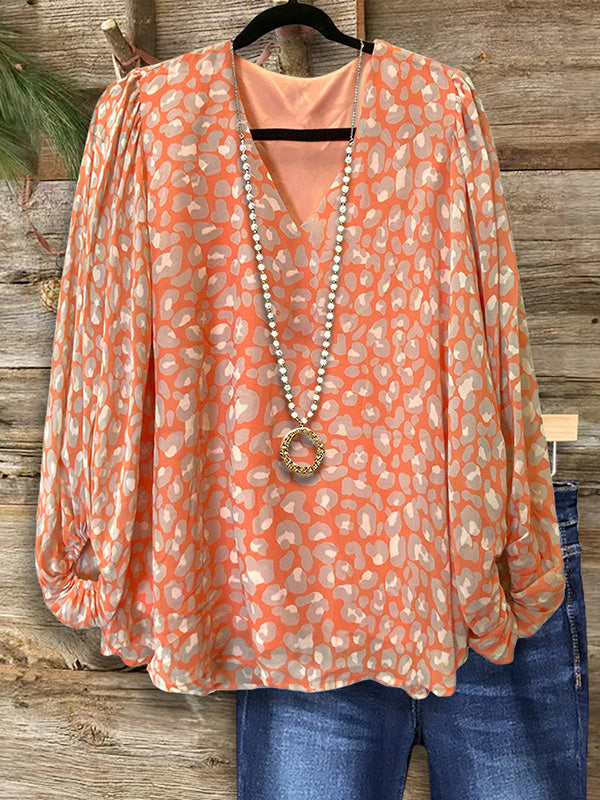 Orange Leopard Print Puff Sleeve Blouse