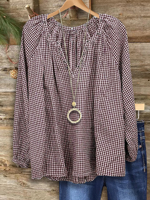 Split Collar Plaid Pleated Blouse