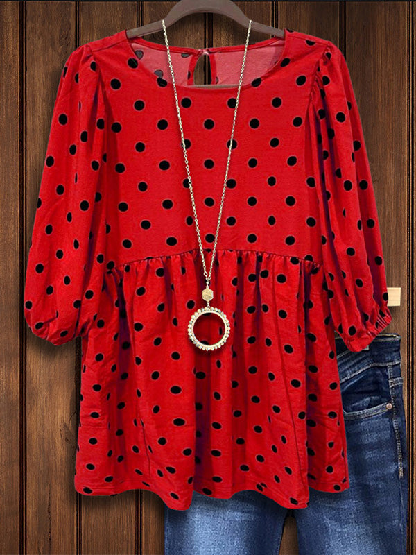 Red Polka Dot Print Pleated Blouse