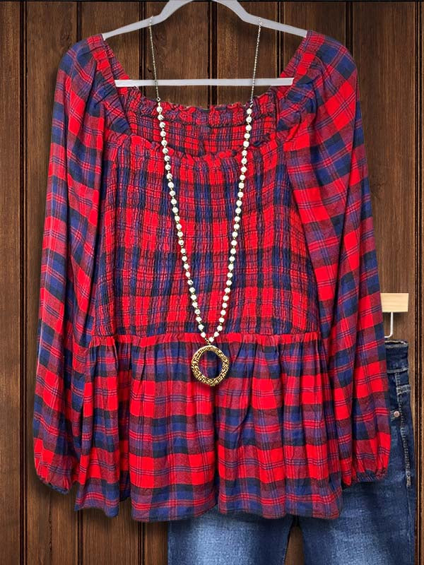 Red Check Gathered Puff Sleeve Blouse