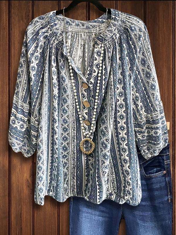 Tribal Print Gathered Puff Sleeve Blouse