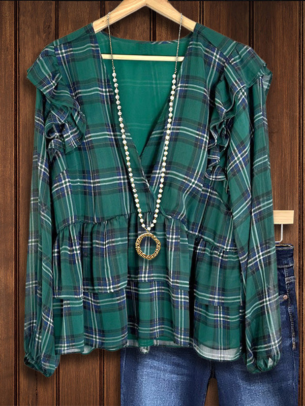 Green Plaid Ruffle Blouse