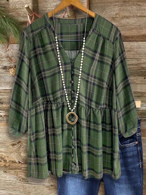 Green Check Button Ruffle Hem Blouse