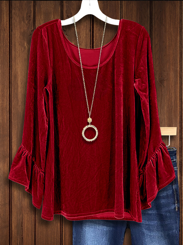 Beautiful Red Velvet Ruffle Sleeve Blouse