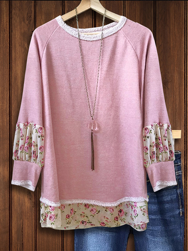 Round Neck Floral Printed Patchwork Sweatshirt