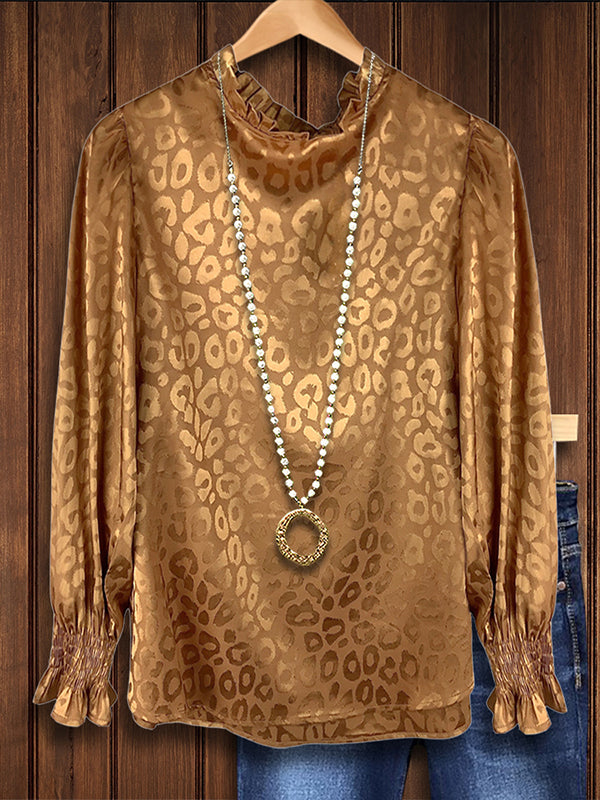 Leopard Print Jacquard Gathered Blouse