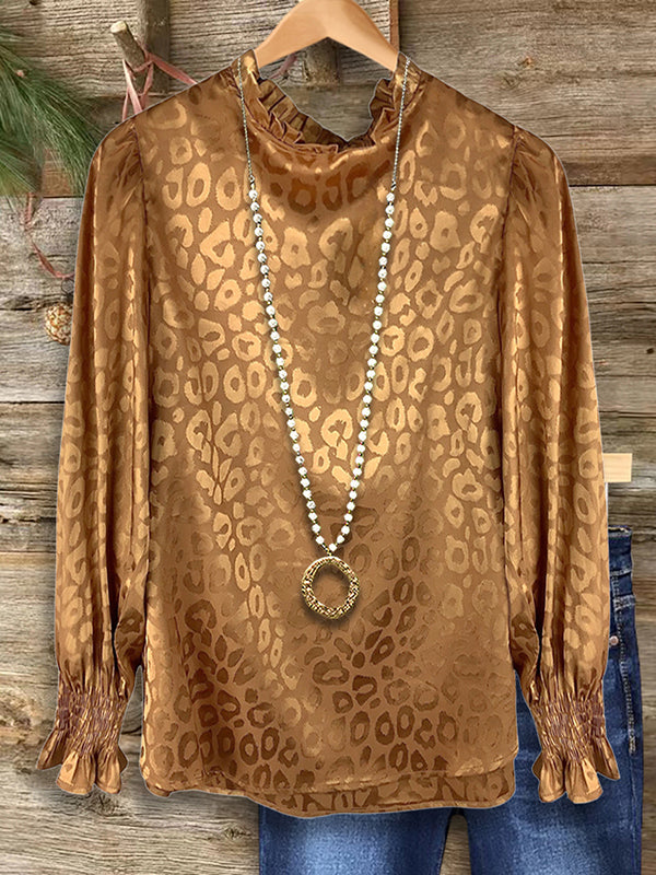 Leopard Print Jacquard Gathered Blouse