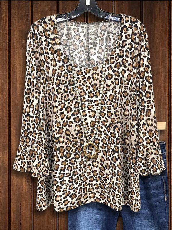 Leopard Print Ruffle Sleeve Blouse