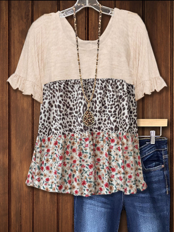 Printed Patchwork Ruffled Casual Top