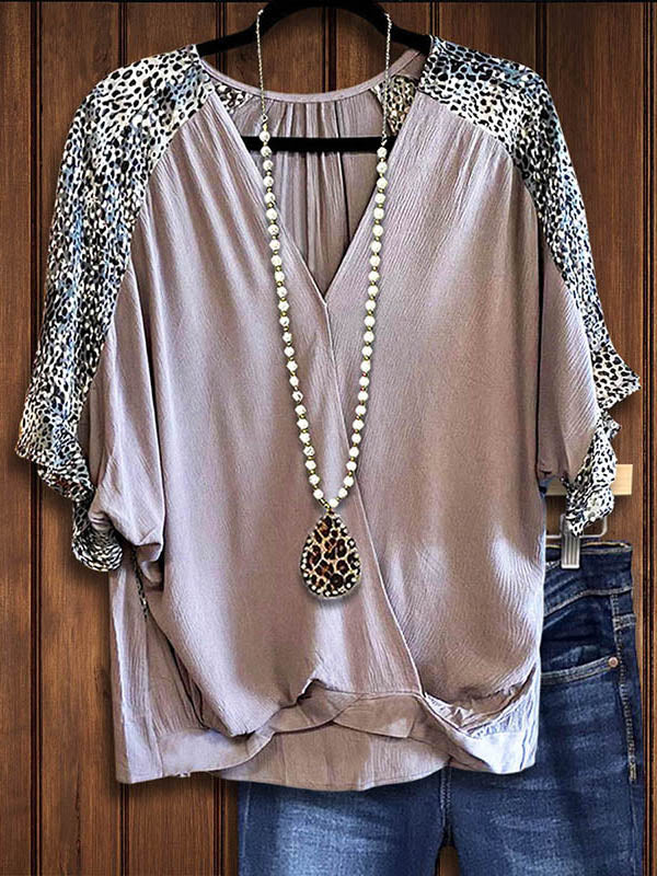 Leopard Print Cross-Neck Casual Blouse