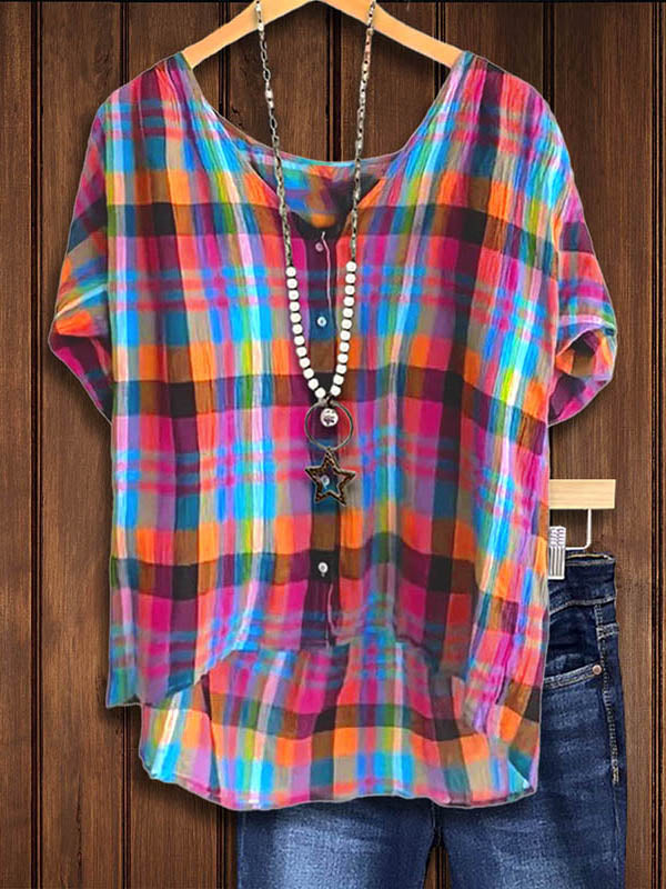 Plaid Ruched Casual Blouse