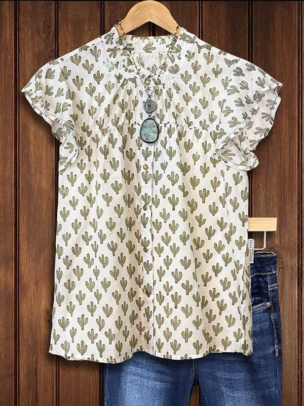 Cactus Print Ruffled Casual Blouse