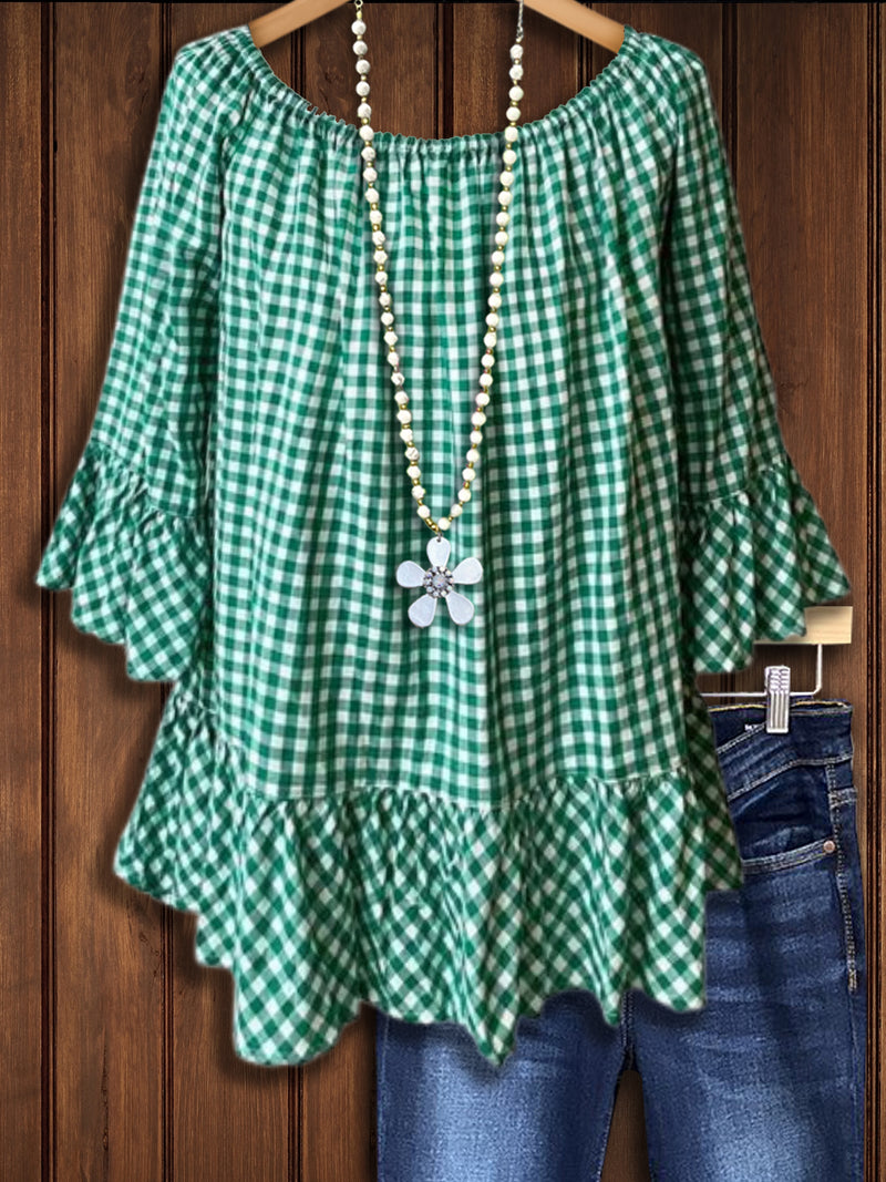 Classic Plaid Ruffle Casual Blouse